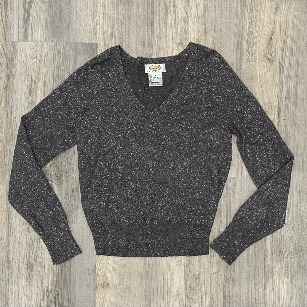 Talbots Metallic Silver Knit Stretch V-Neck Long Sleeve Sweater Size XS Petite